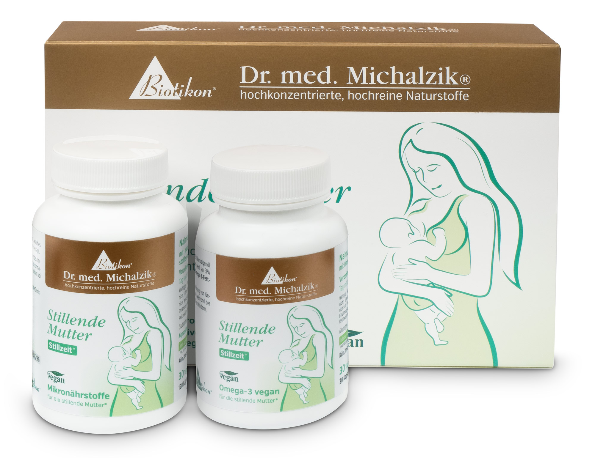 Dos botellas de suplementos para madres lactantes, 30 cápsulas por botella, blancas con etiquetas marrones, embalaje al fondo.