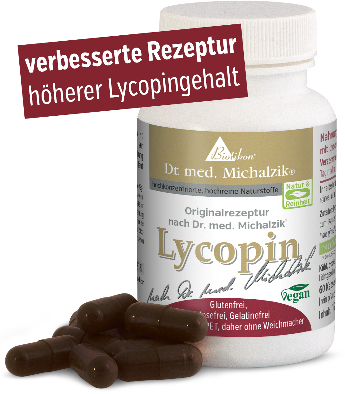 Cápsulas de Licopeno – 60 piezas Cápsulas de Licopeno en una botella blanca, 60 cápsulas, de color marrón oscuro, veganas.