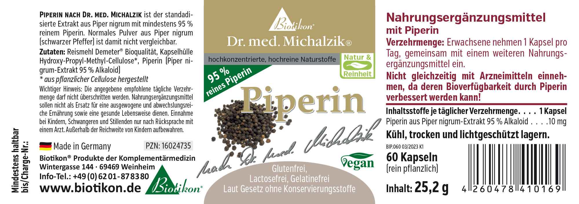Suplemento alimenticio de Piperina en 60 cápsulas veganas, color negro, con envase verde.