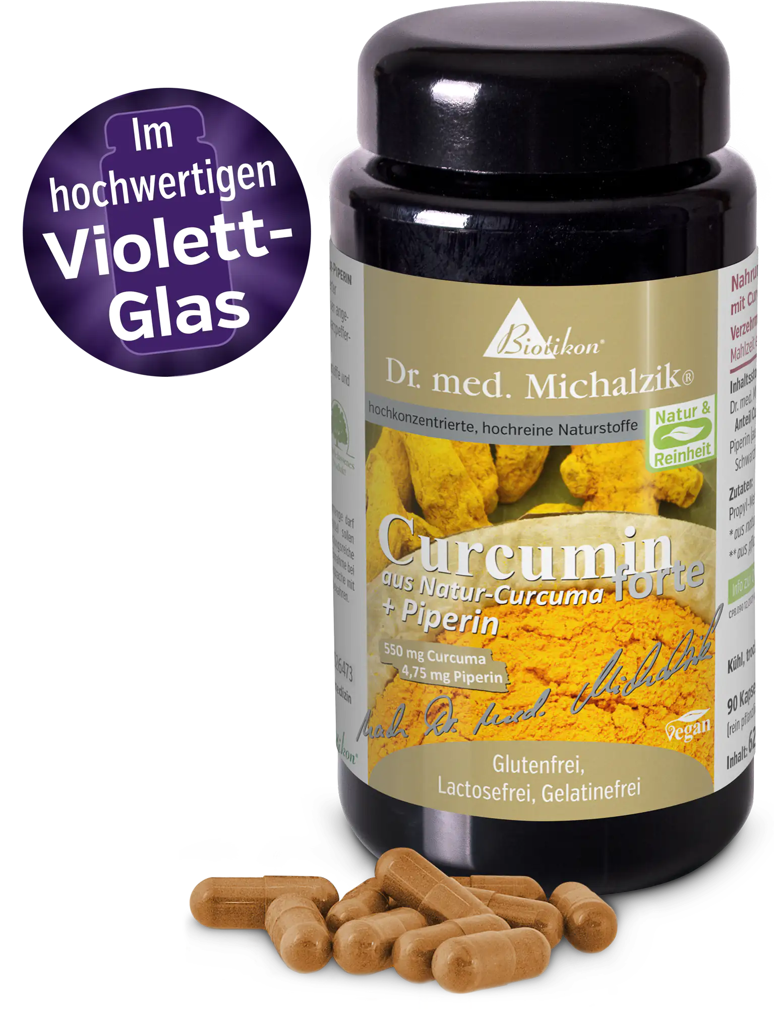 Curcumina de cúrcuma natural + dosis de piperina en vidrio violeta Curcumina de cúrcuma natural, 90 cápsulas en envase de vidrio oscuro, vegano.