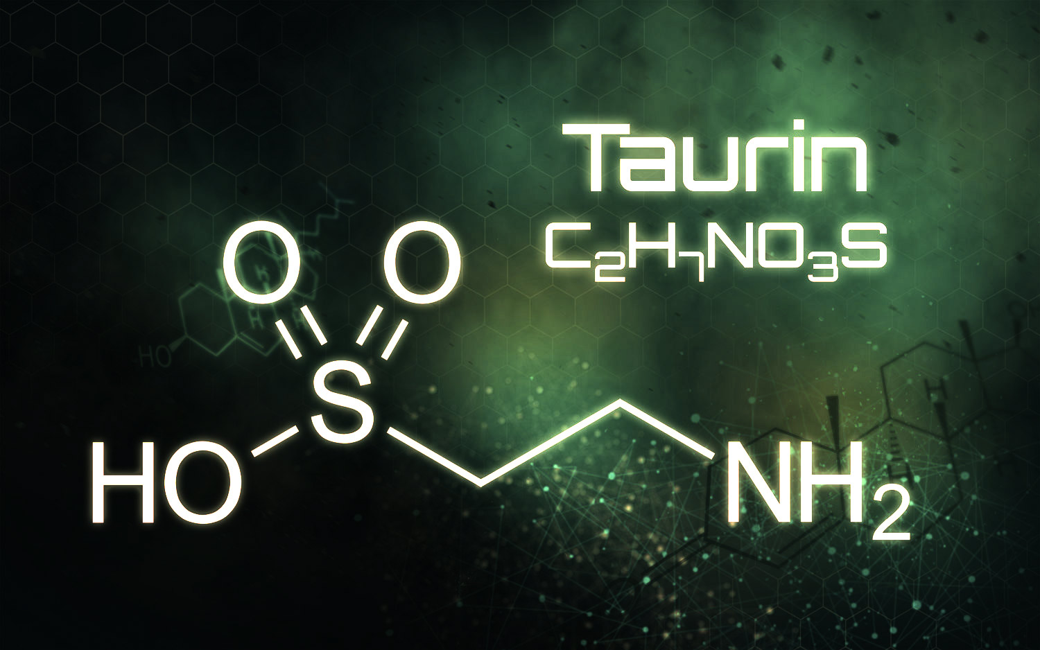 Representación visual de la estructura química de la taurina, con fórmulas químicas sobre fondo claro.