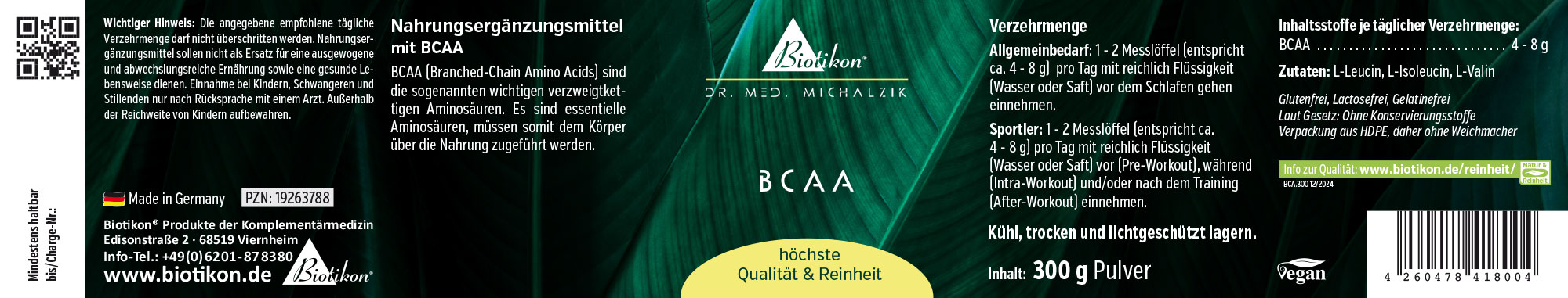 BCAA en polvo – 300 g Suplemento BCAA en polvo, 300 g, envase verde, visto desde el frente.