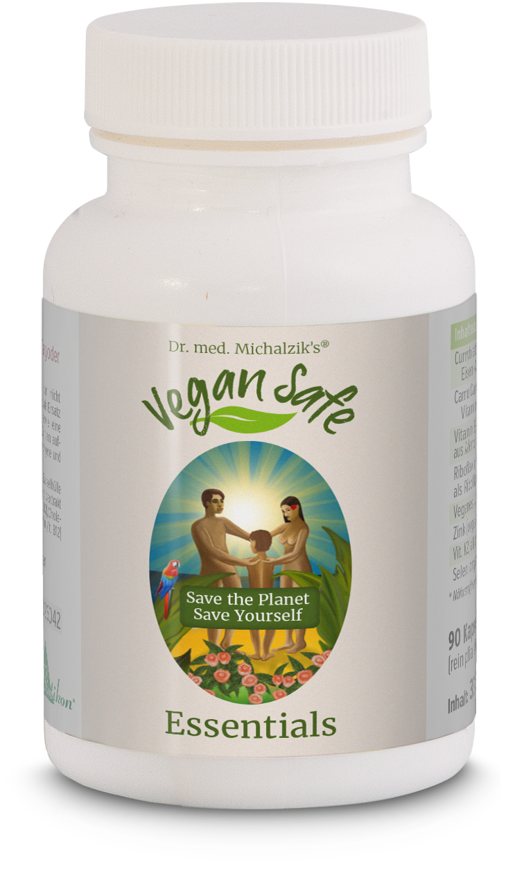 Esenciales Veganos Seguros en una botella blanca de cápsulas con 90 cápsulas, frente con etiqueta colorida e ilustración de una familia.