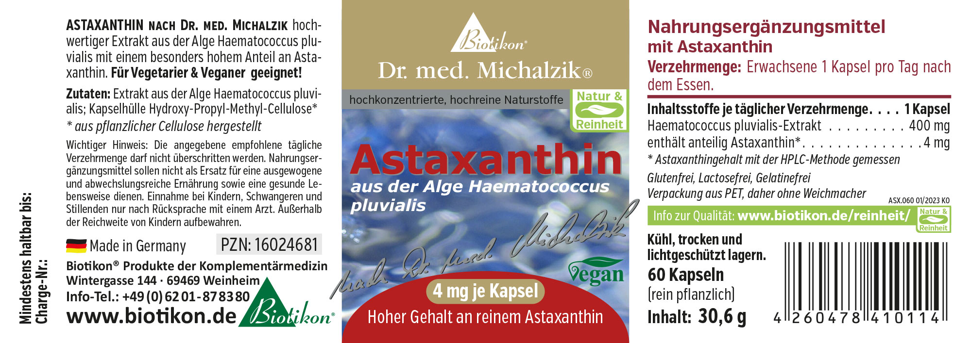 Astaxantina 4 mg – Cápsulas Suplemento de astaxantina en cápsulas, 60 piezas, vegano, empaque colorido.