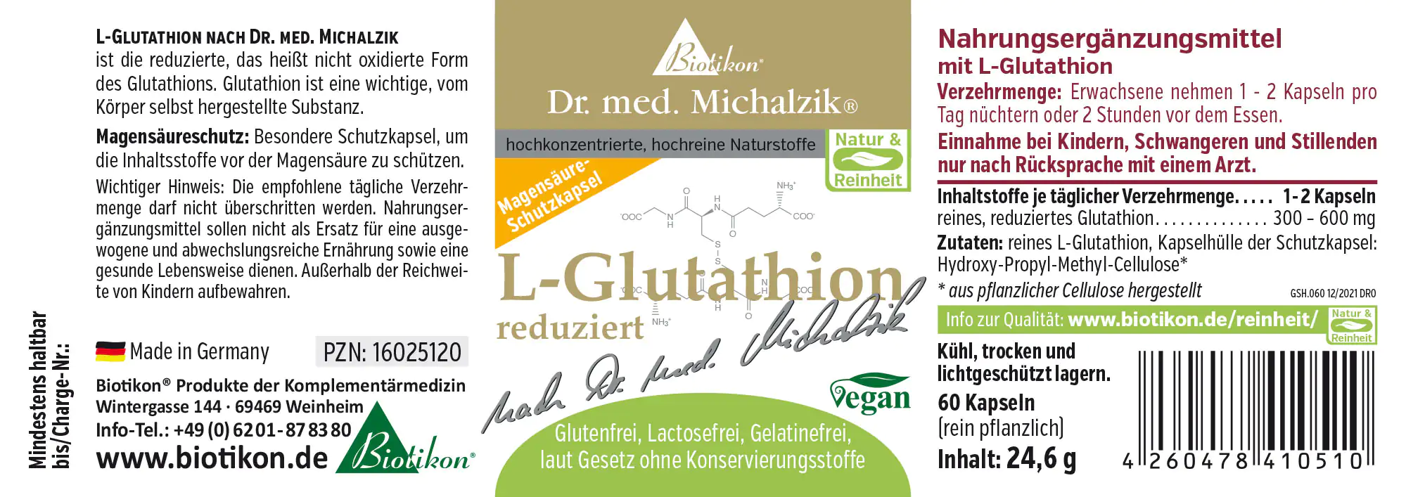 Suplemento de L-Glutatión en cápsulas, 60 piezas, cápsulas veganas con protección contra ácido gástrico, envase en español.