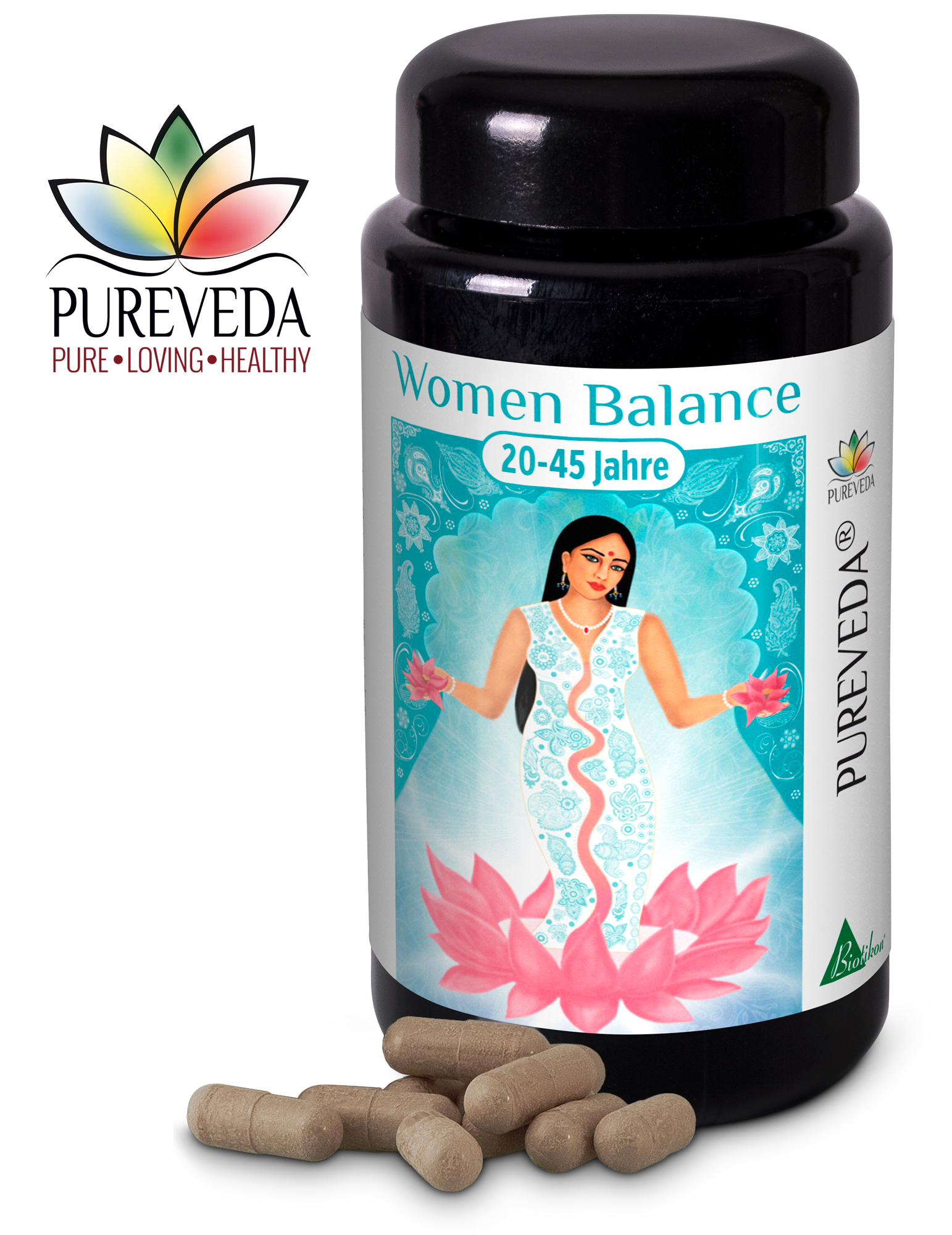Mujeres Balance 20-45 Años – Cápsulas Cápsulas para mujeres de 20 a 45 años en una botella negra, con algunas cápsulas al lado.