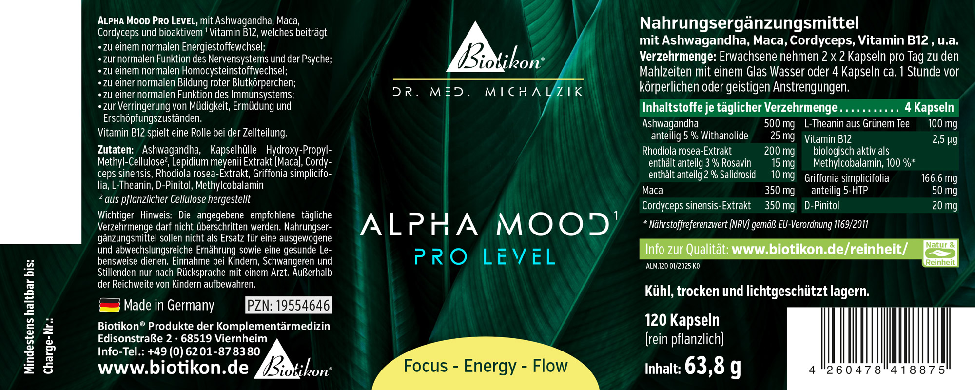 Suplemento alimenticio Alpha Mood Pro Level en un envase azul, 120 cápsulas con ingredientes ayurvédicos.