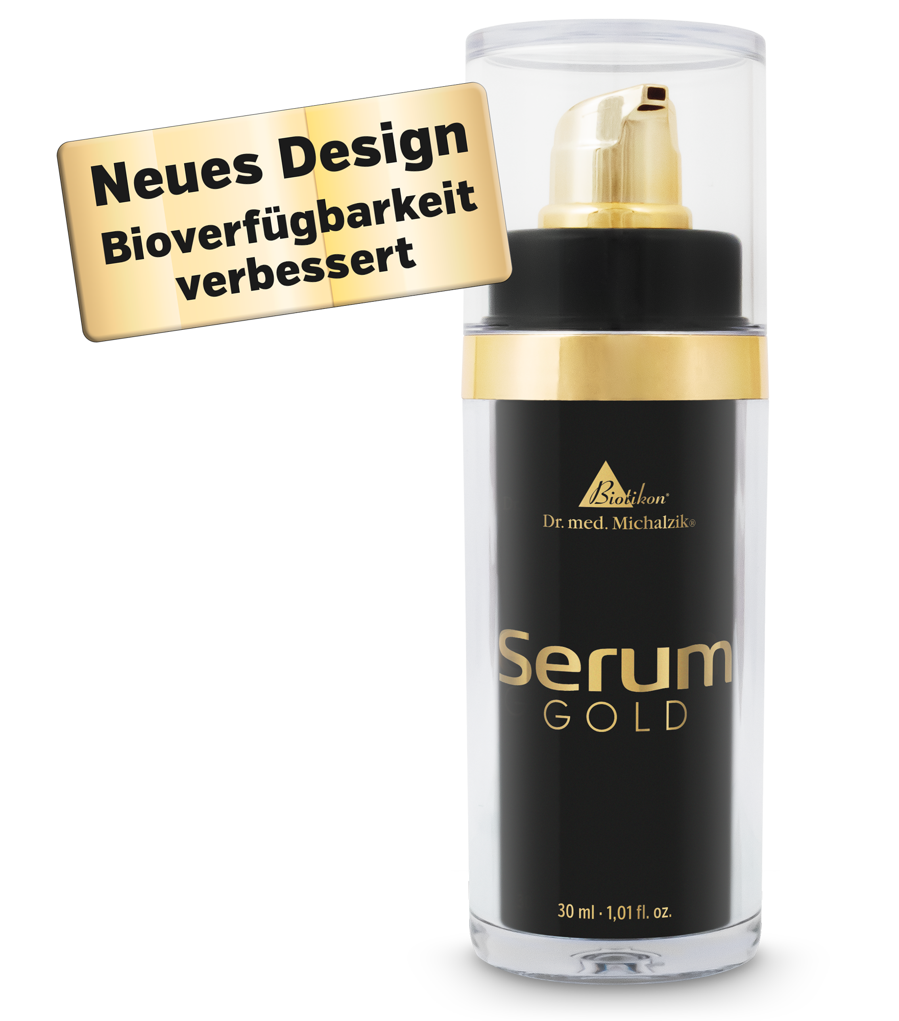 Sérum Dorado – Botella de 30 ml con bomba Sérum Dorado en una botella transparente de 30 ml con bomba, envase negro y dorado, nuevo diseño.