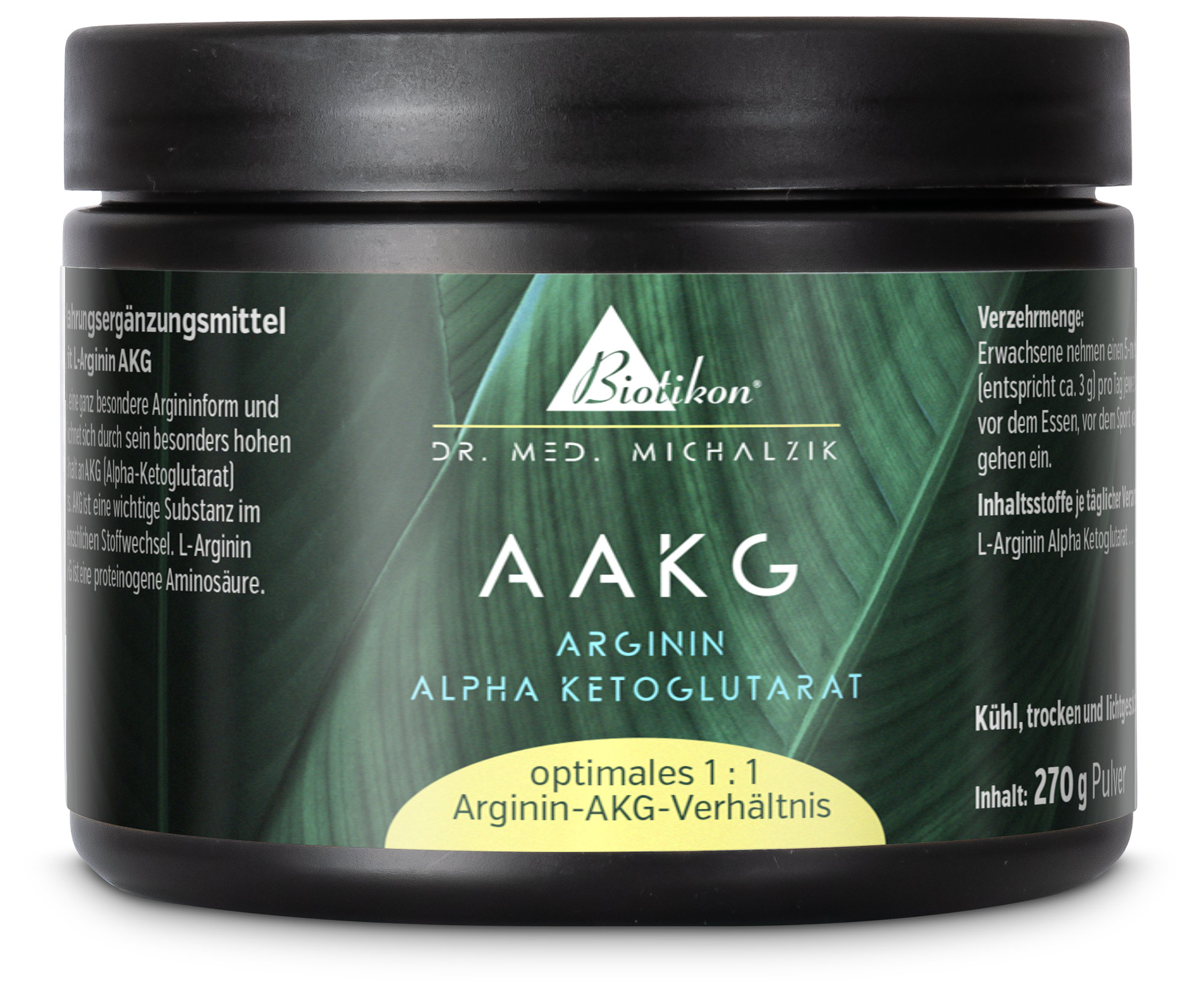 AAKG Arginina Alfa-Cetoglutarato – 270 g Polvo Polvo AAKG en un envase negro de 270 g, fácil de usar, con acentos verdes.