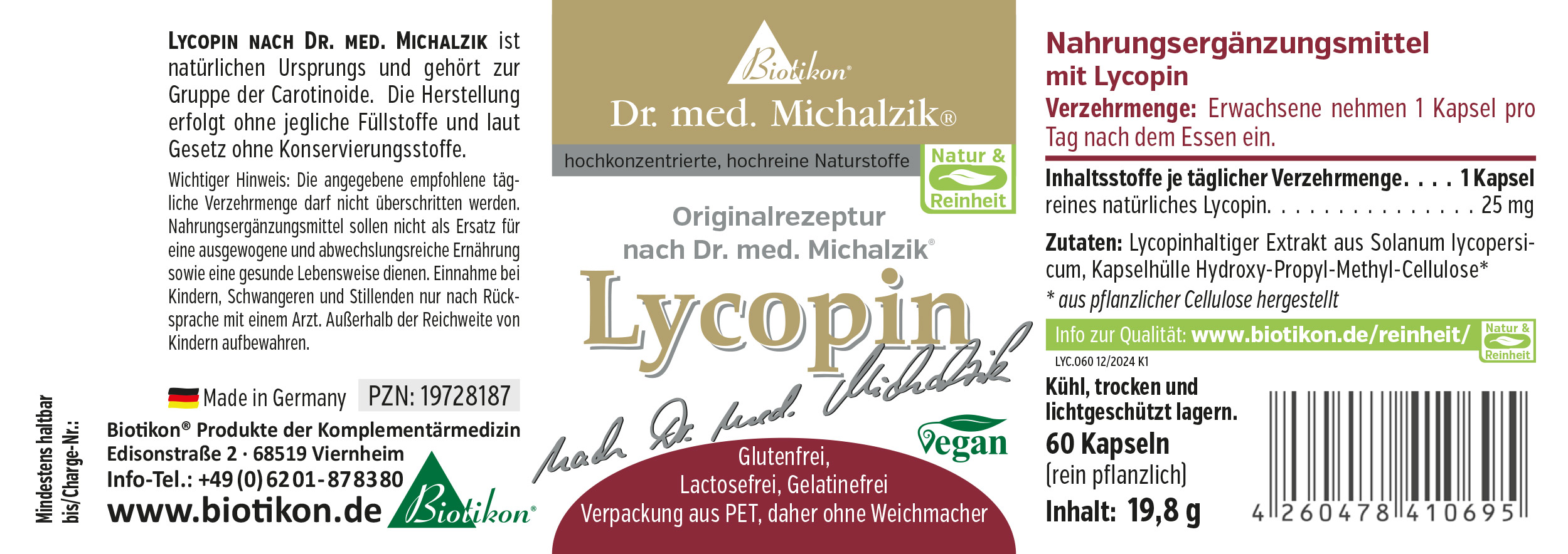 Suplemento de licopeno, 60 cápsulas en envase PET, vegano, sin procesar.