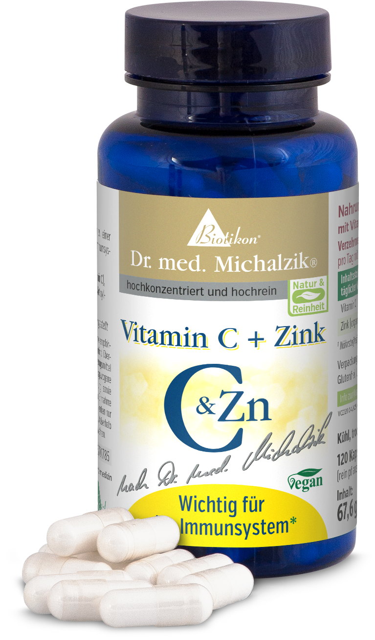 Botella azul con 120 cápsulas veganas de vitamina C y zinc sobre un fondo blanco.