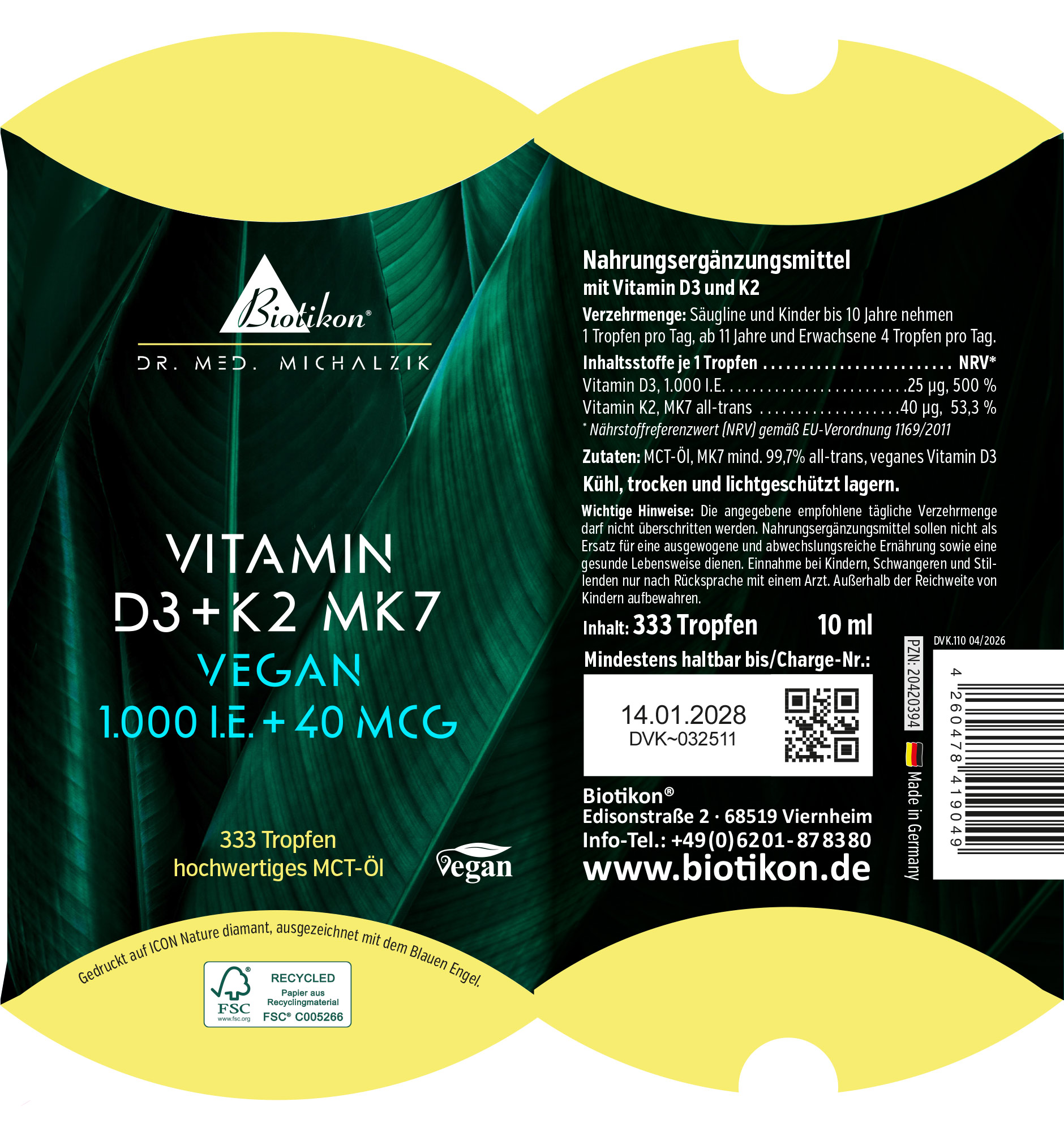 Complemento alimenticio con vitamina D3 y K2, 333 gotas, 10 ml, envase verde, vegano, vista frontal.