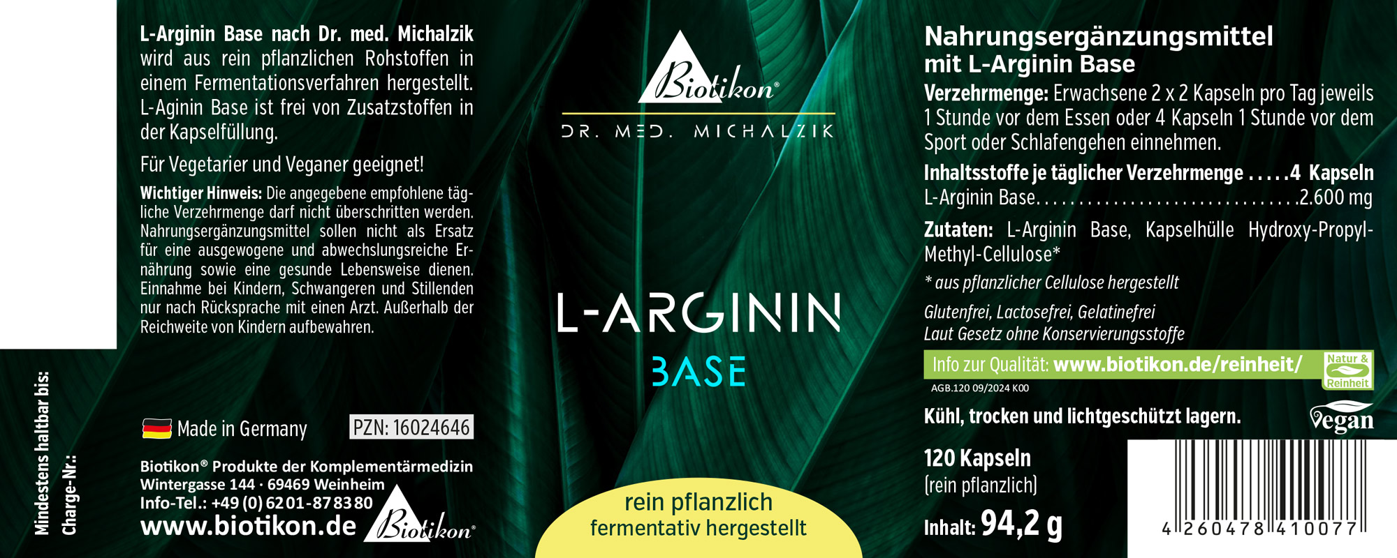 Suplemento L-Arginina Base, 120 cápsulas en envase oscuro, vegano y completamente vegetal.