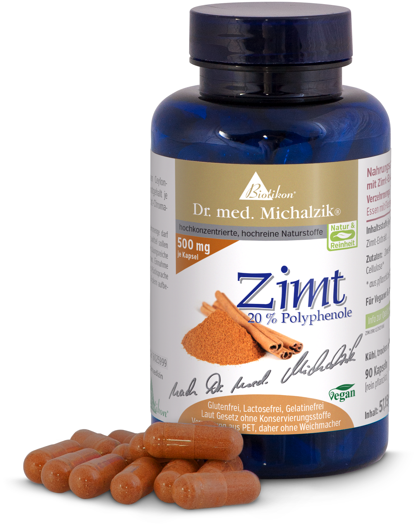 Botella azul con 90 cápsulas de canela, cápsulas marrones, formulación vegana.