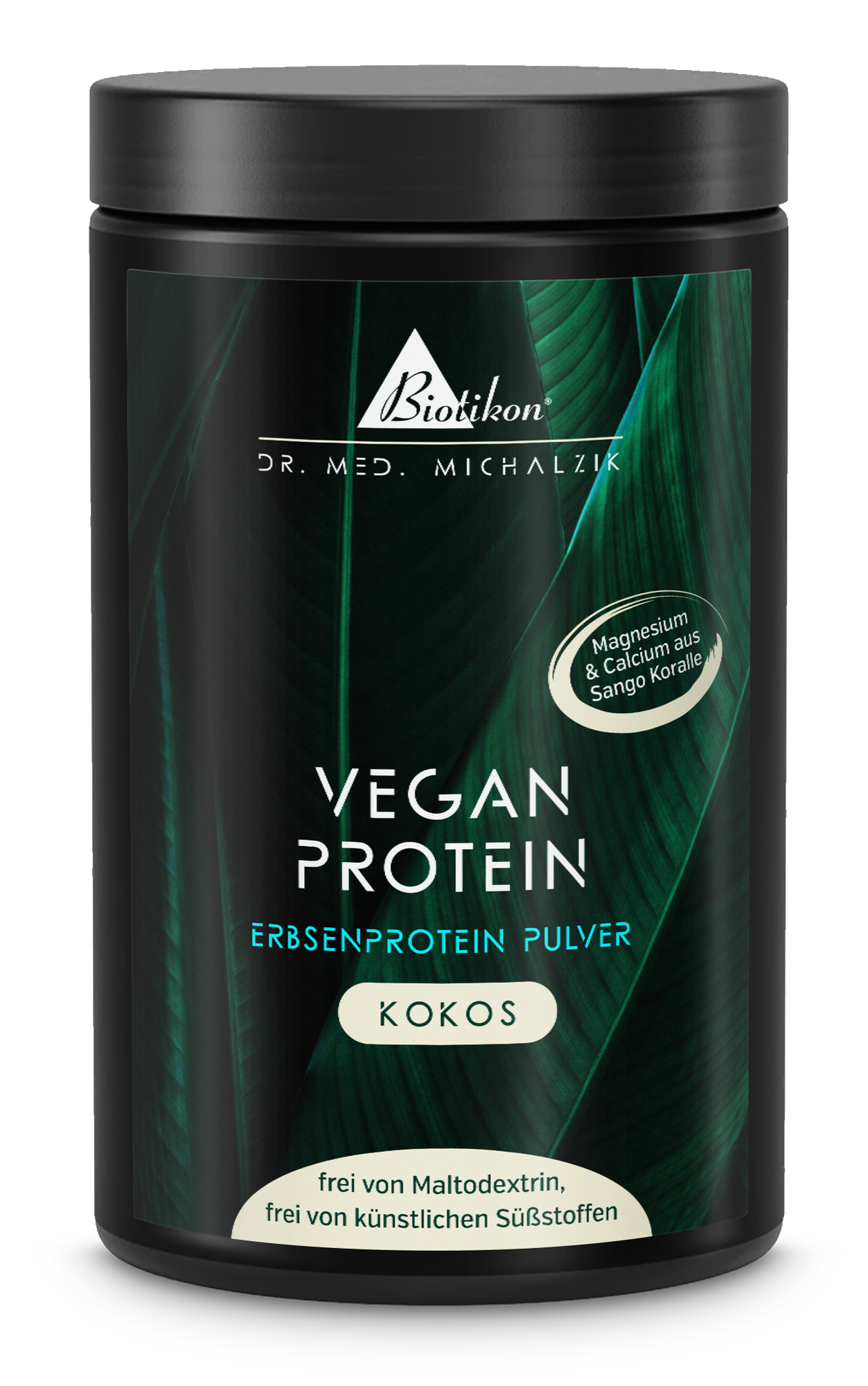 Envase blanco de polvo con proteína vegetal de coco, 500 g, vista clara, packaging neutro.