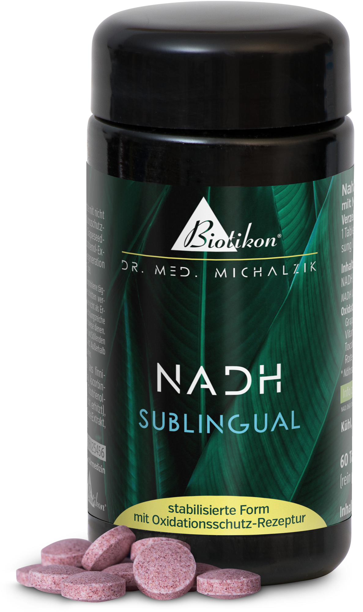 NADH sublingual – 60 tabletas Tabletas sublinguales de NADH en una botella negra, contiene 60 tabletas rosas, veganas y sin gluten, sobre un fondo blanco.