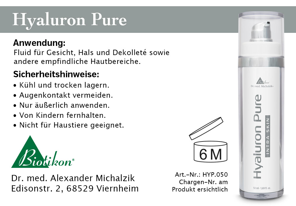 Hialurón Puro – Fluido de 50 ml Hialurón Puro, fluido de 50 ml en botella dispensadora, claro, con bomba, para rostro y escote.