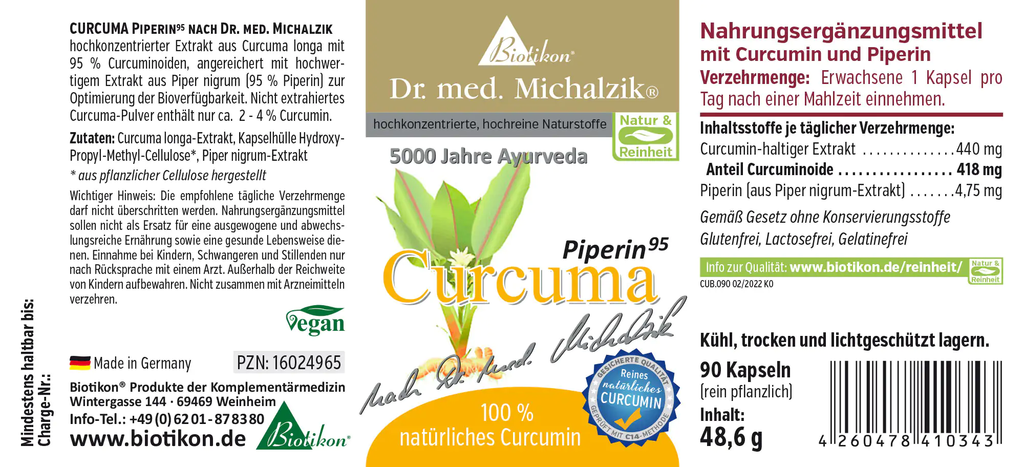 Suplemento dietético con Curcuma y Piperina, 90 cápsulas vegetales, empaque verde y blanco, vista lateral.