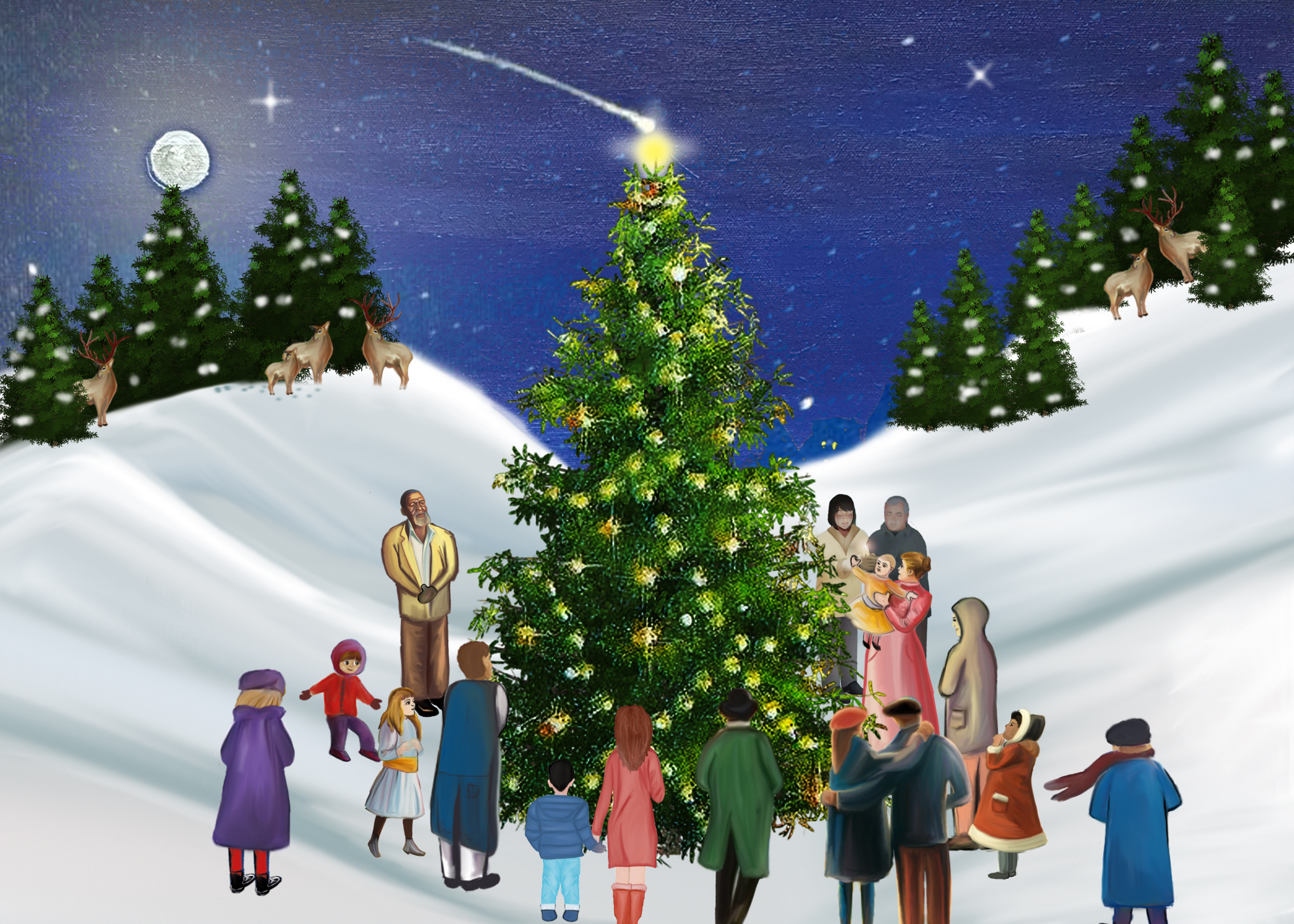 Árbol de Navidad decorado festivamente en un paisaje nevado, rodeado de personas, animales y pinos celebrando.