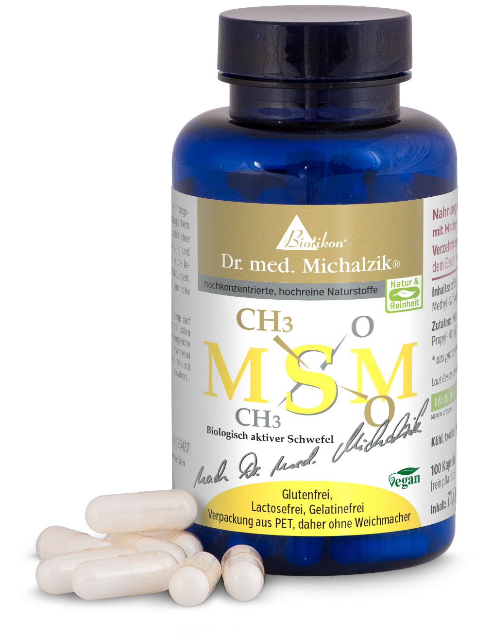 Botella azul oscuro con 100 cápsulas, veganas, sin gluten, atractivo embalaje, sobre fondo claro.