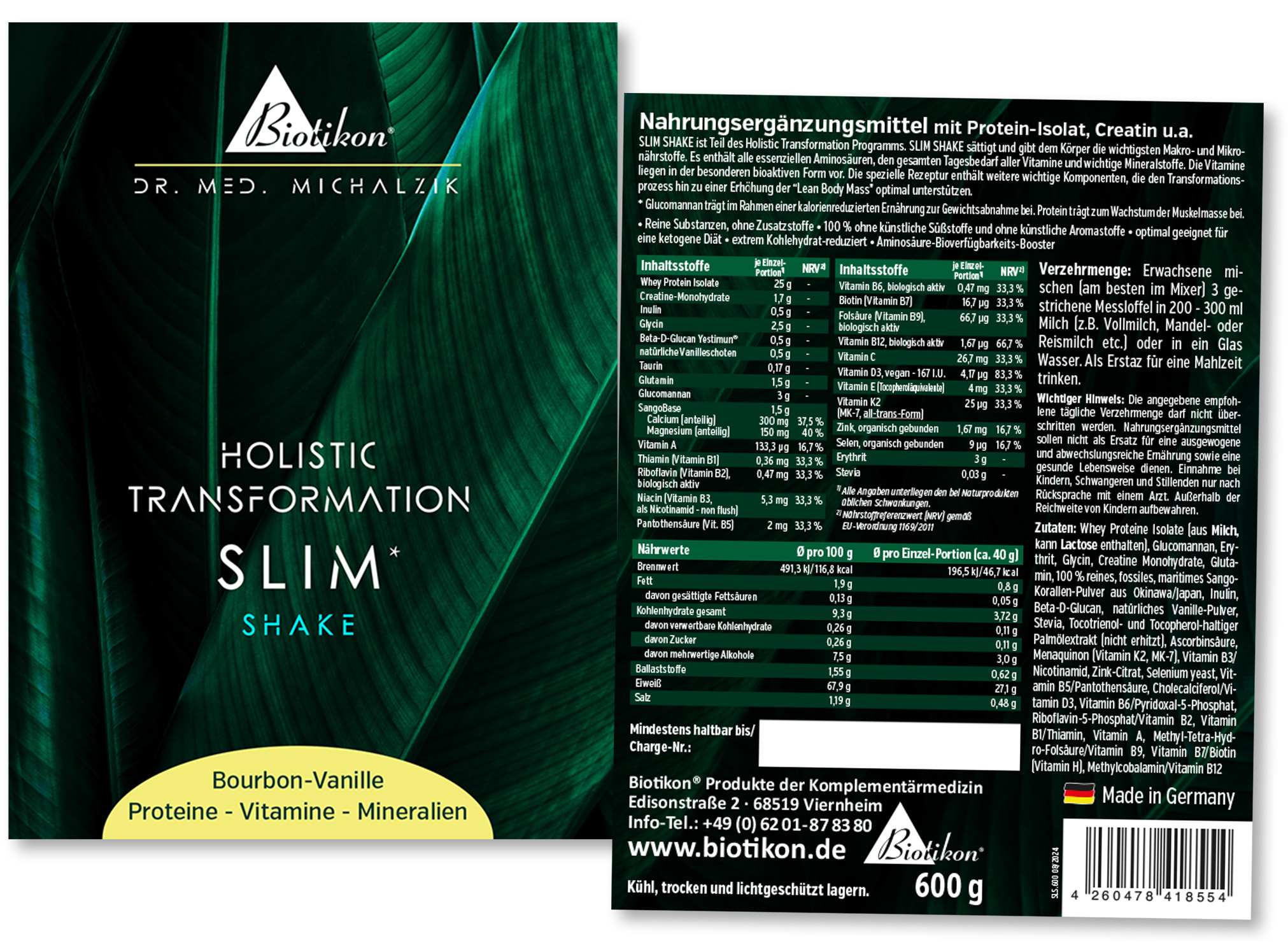 Polvo de proteína Slim Shake sabor Bourbon-Vainilla, envase de 600 g, con tabla nutricional en empaque verde.