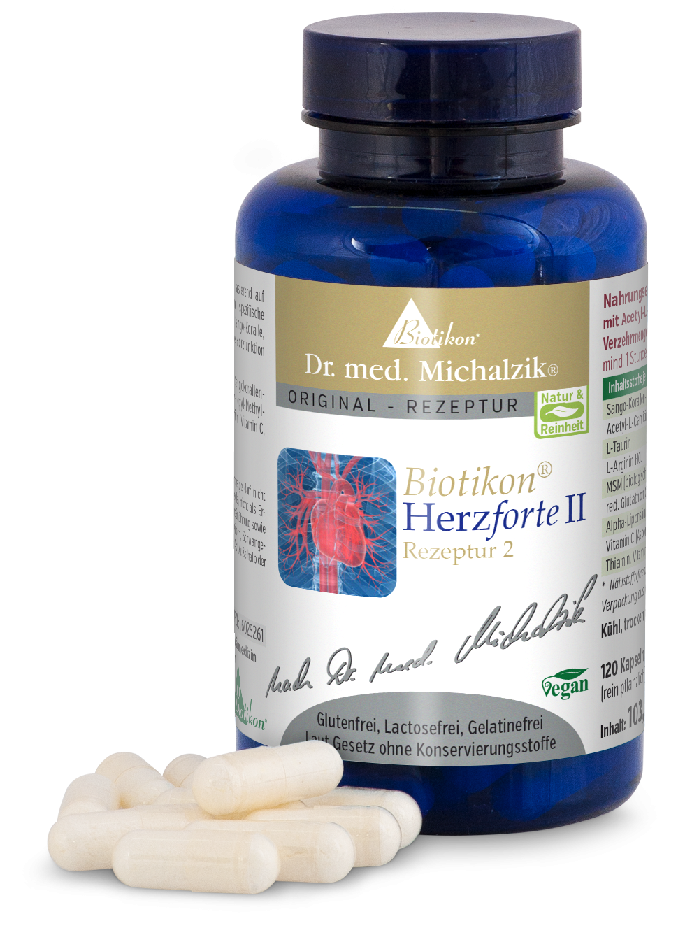 Envase de vidrio azul con 120 cápsulas, en blanco, sobre fondo blanco, vista lateral.