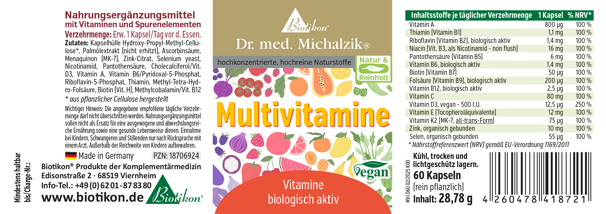 Envase con 60 cápsulas de suplemento alimenticio multivitaminas, veganas, diseño colorido, vista frontal.
