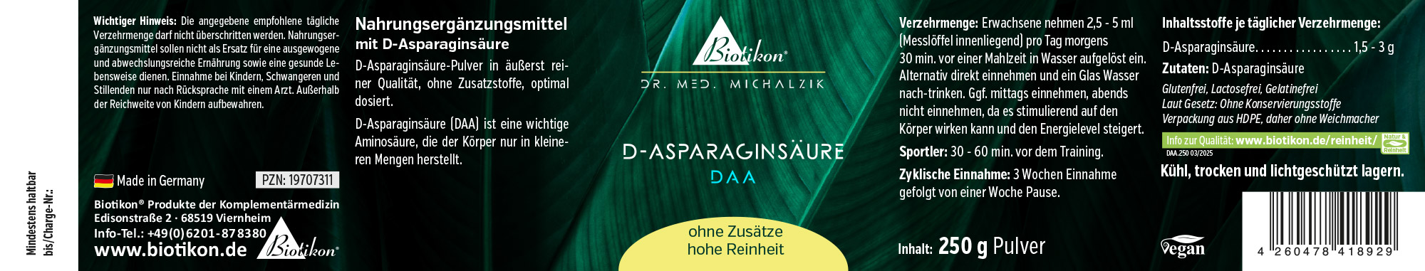 Polvo de D-Aspartato de sodio en paquete de 250 g, color verde oscuro, vista de la caja con instrucciones de dosificación.