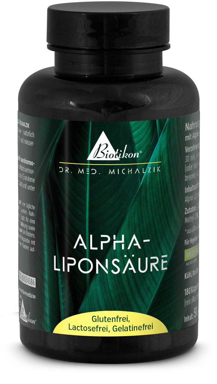 Ácido Alfa Lipoico 180 Cápsulas – Suplemento Botella azul con 180 cápsulas amarillas, veganas, sin gluten, vista lateral.