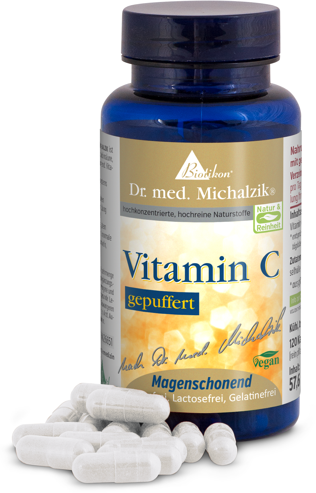 Botella azul con 120 cápsulas de vitamina C tamponada, transparente, vegana y suave para el estómago.