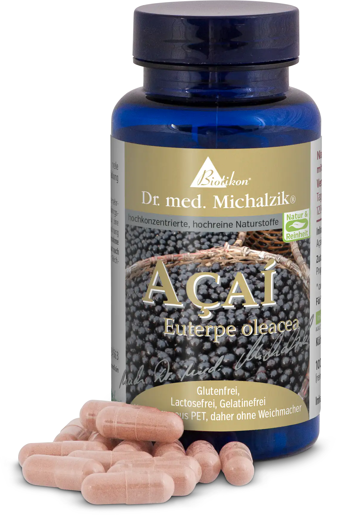 Açaí 1000 mg – Cápsulas Botella azul con cápsulas de Açaí, 120 unidades, llenas de cápsulas rosas, hechas de PET.