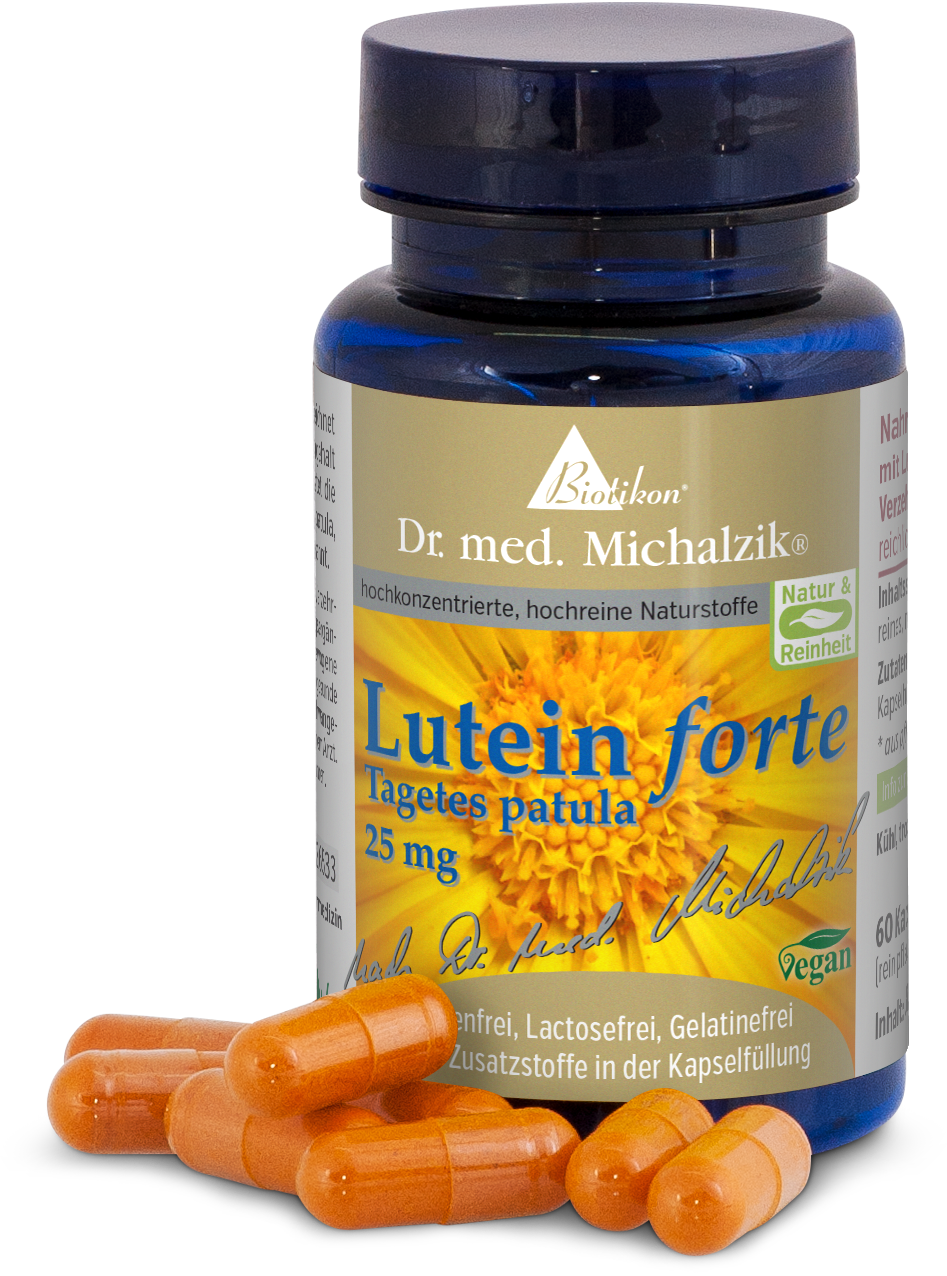 Luteína fuerte 25 mg – Cápsulas Cápsulas naranjas en un frasco azul, 60 unidades, veganas. Envase con flor amarilla.