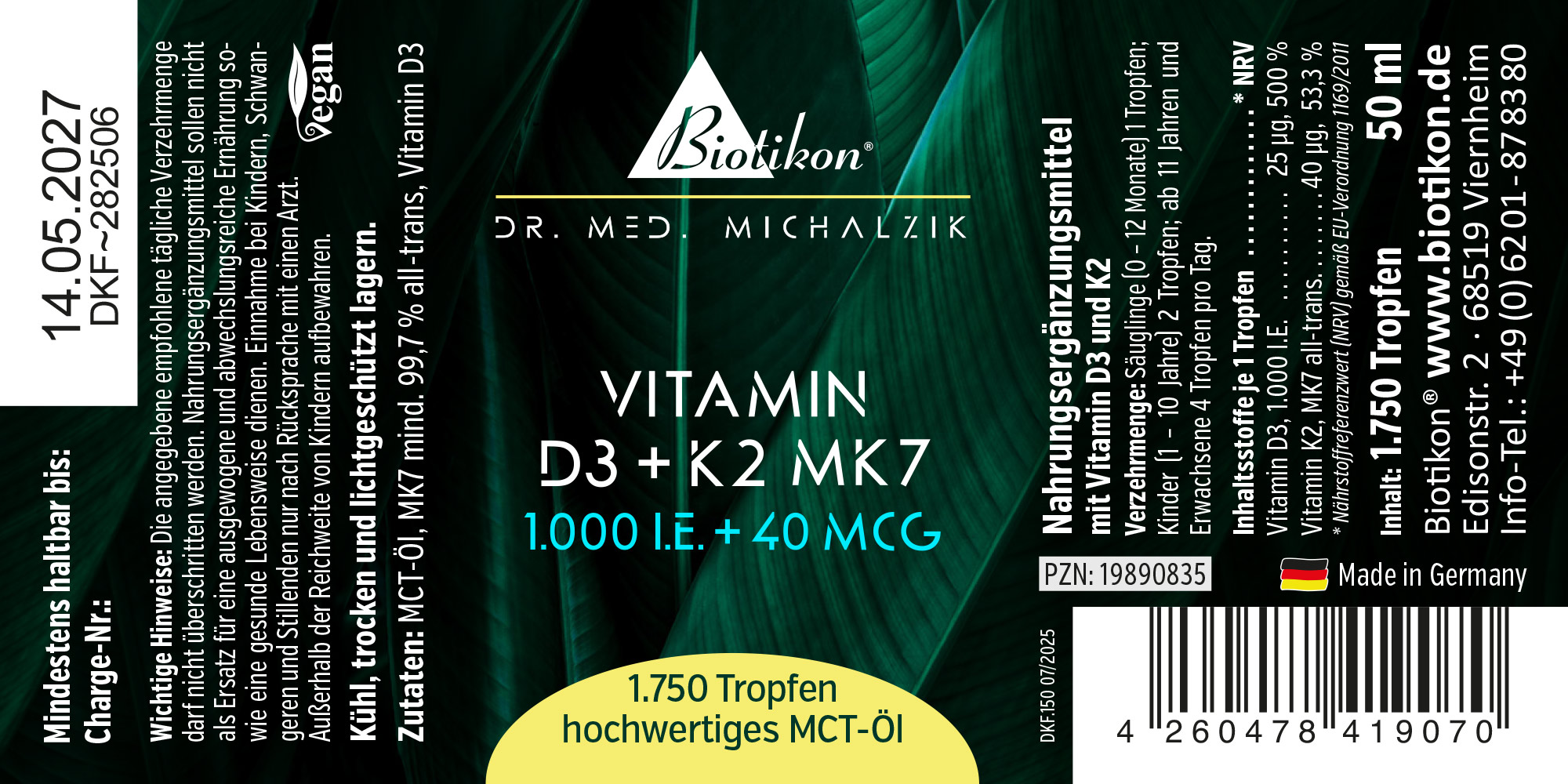 Gotas de vitamina D3 y K2 MK7, 1,750 gotas en aceite MCT de alta calidad, envase verde, 50 ml