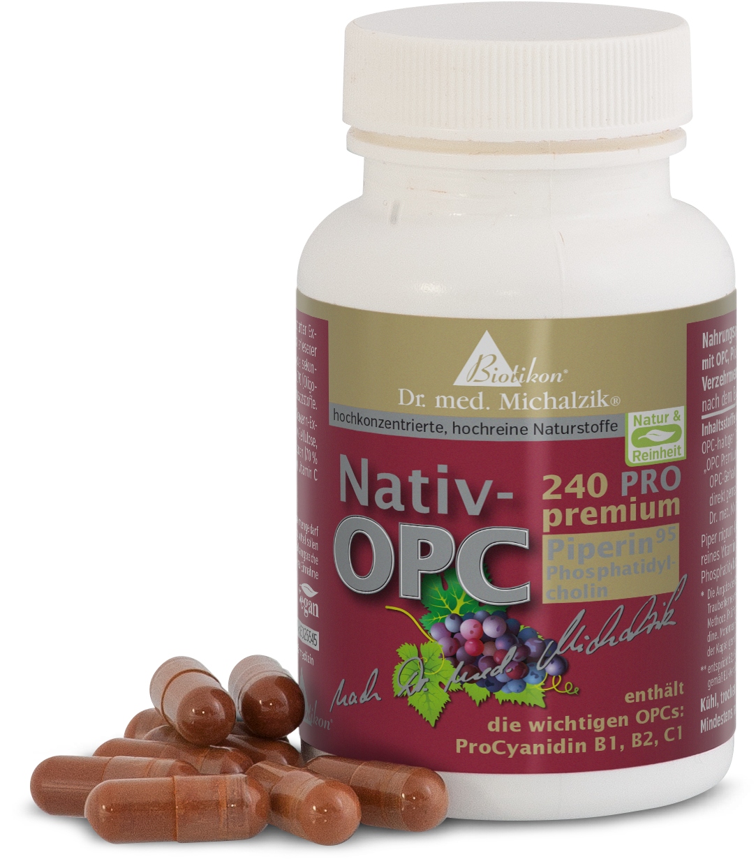 Botella con cápsulas Nativ-OPC, cápsula marrón, 240 unidades, etiquetada sobre fondo rojo.