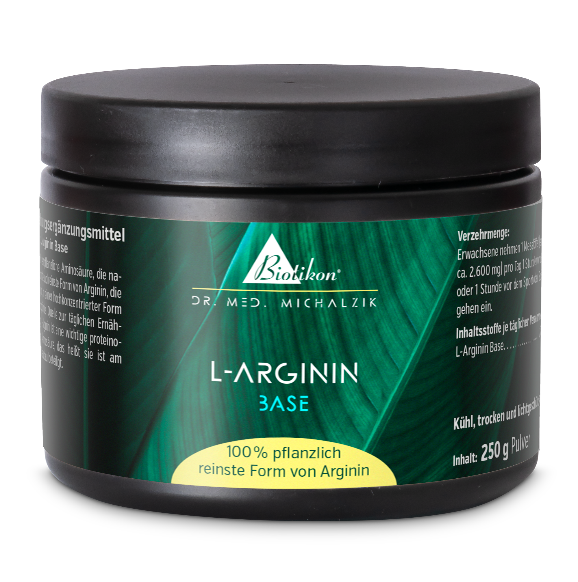 Suplemento de L-Arginina, 250 g de polvo en envase negro, vista frontal.