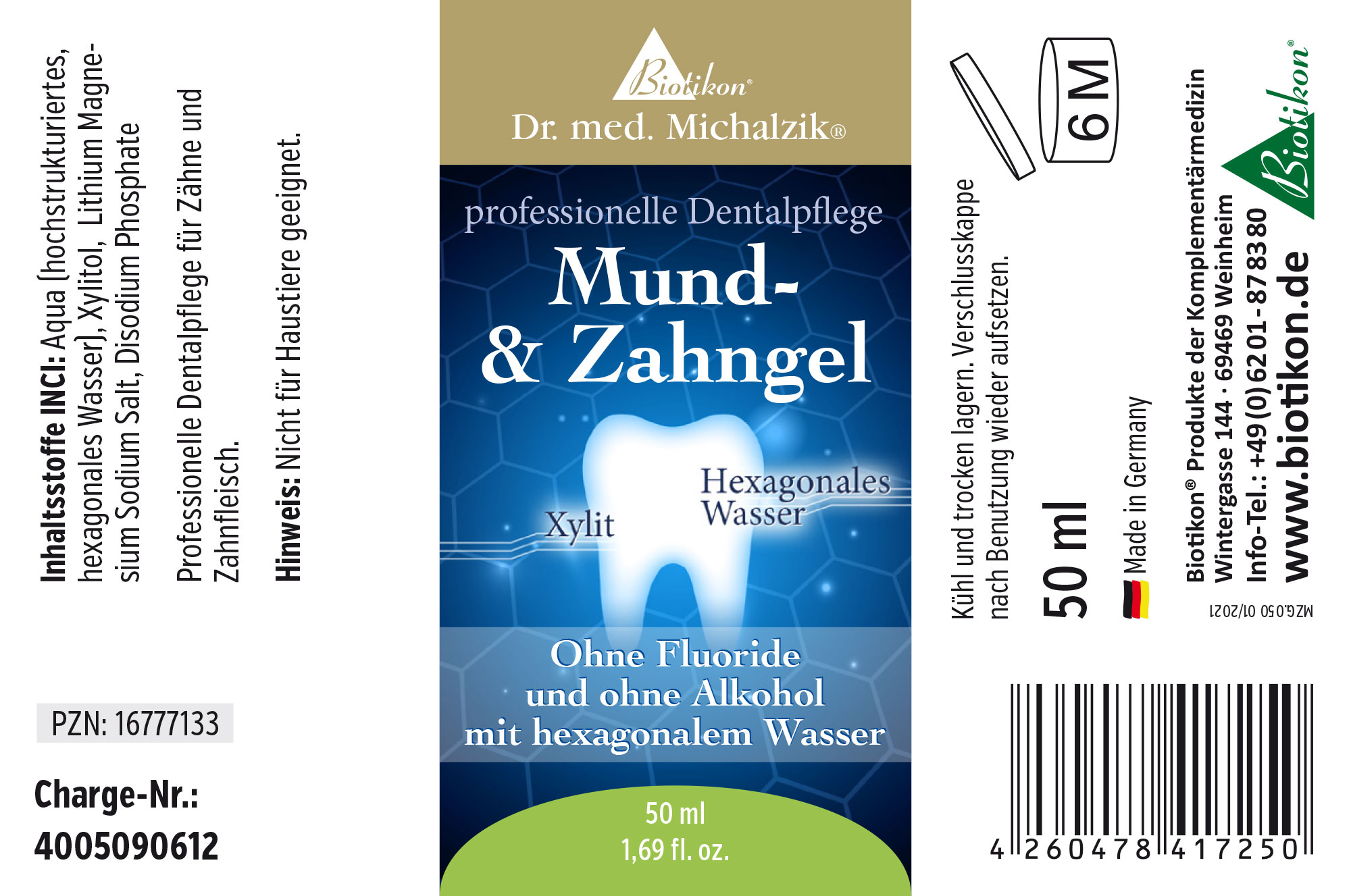 Gel bucal y dental en tubo azul, 50 ml, sin flúor ni alcohol, con agua hexagonal.