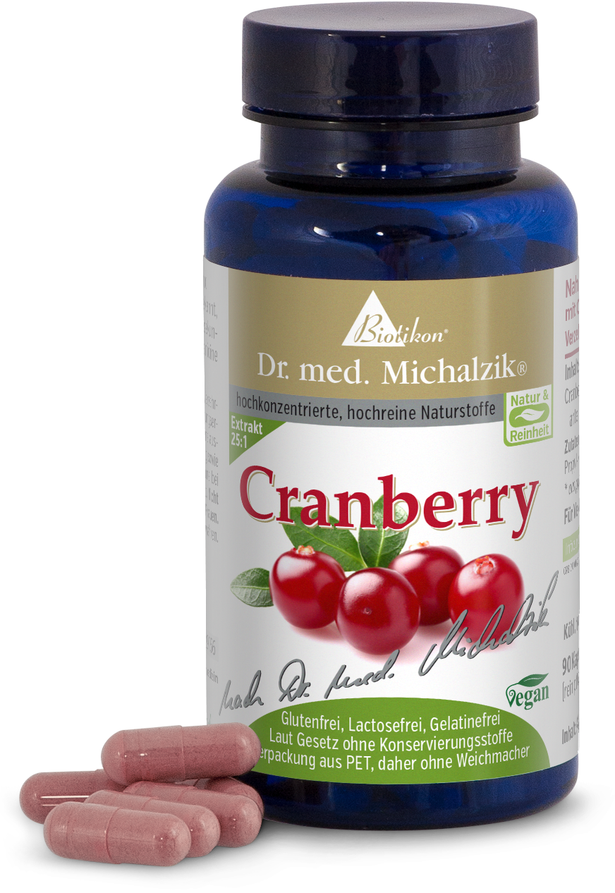Cranberry 1000 mg – Cápsulas Cápsulas de arándano en una botella azul, 120 unidades, con cápsulas rosas en primer plano.