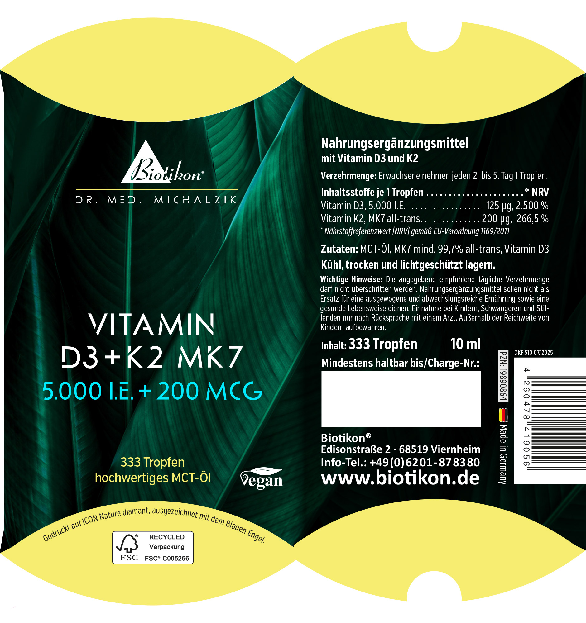 Suplemento con vitamina D3 y K2 en forma de gotas, 10 ml, envase verde.
