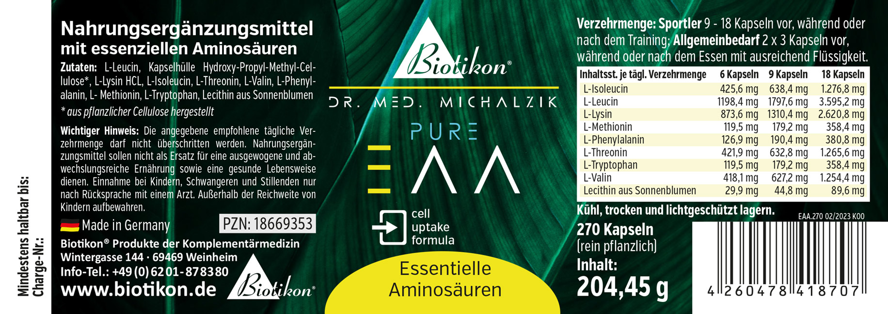 Envase con 270 cápsulas vegetales de aminoácidos esenciales, color verde, presentado de frente.