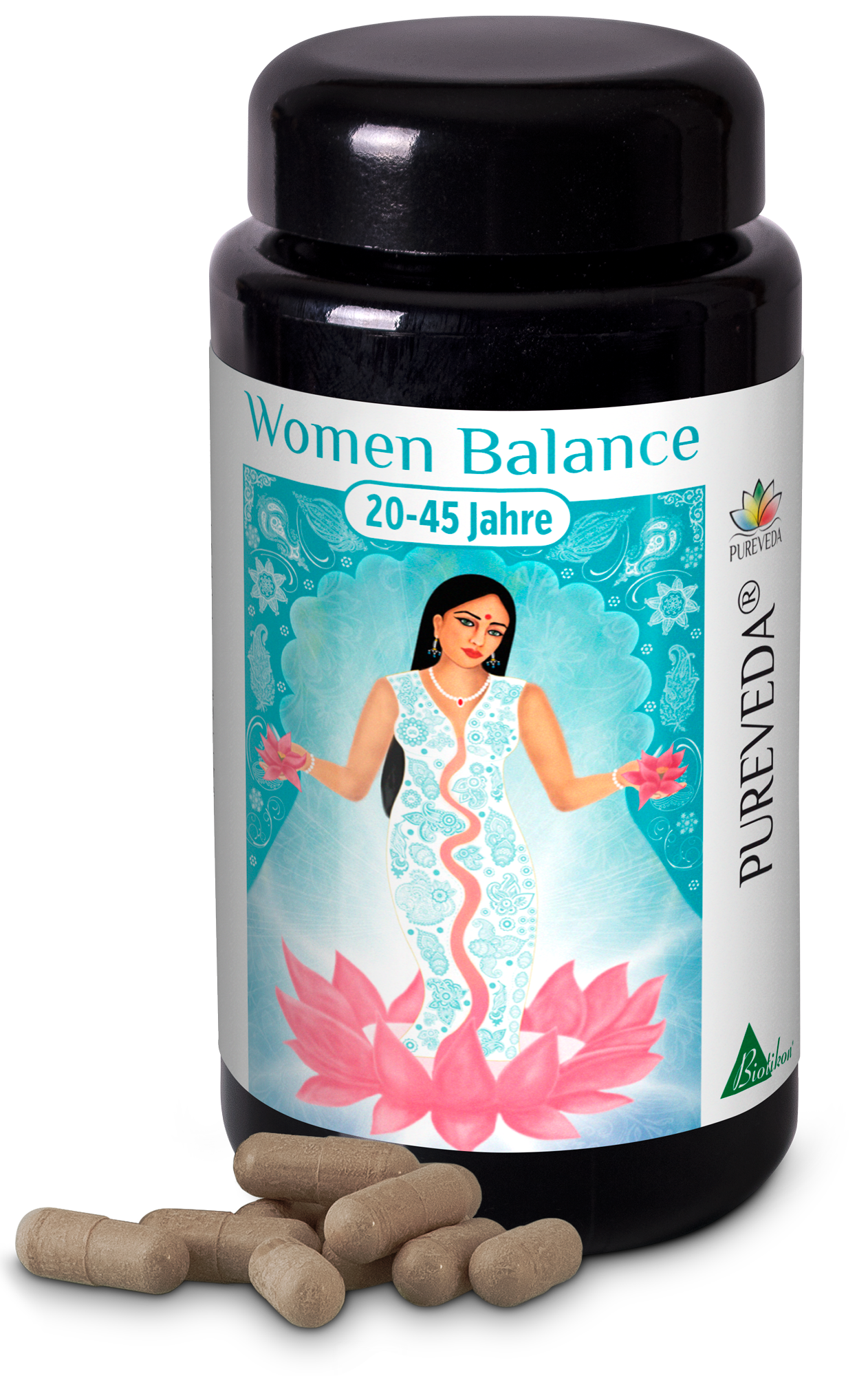 Mujeres Equilibrio 20-45 Años – Cápsulas Botella negra con cápsulas, equilibrio femenino, 20-45 años, ilustración a color de una mujer con motivos florales.
