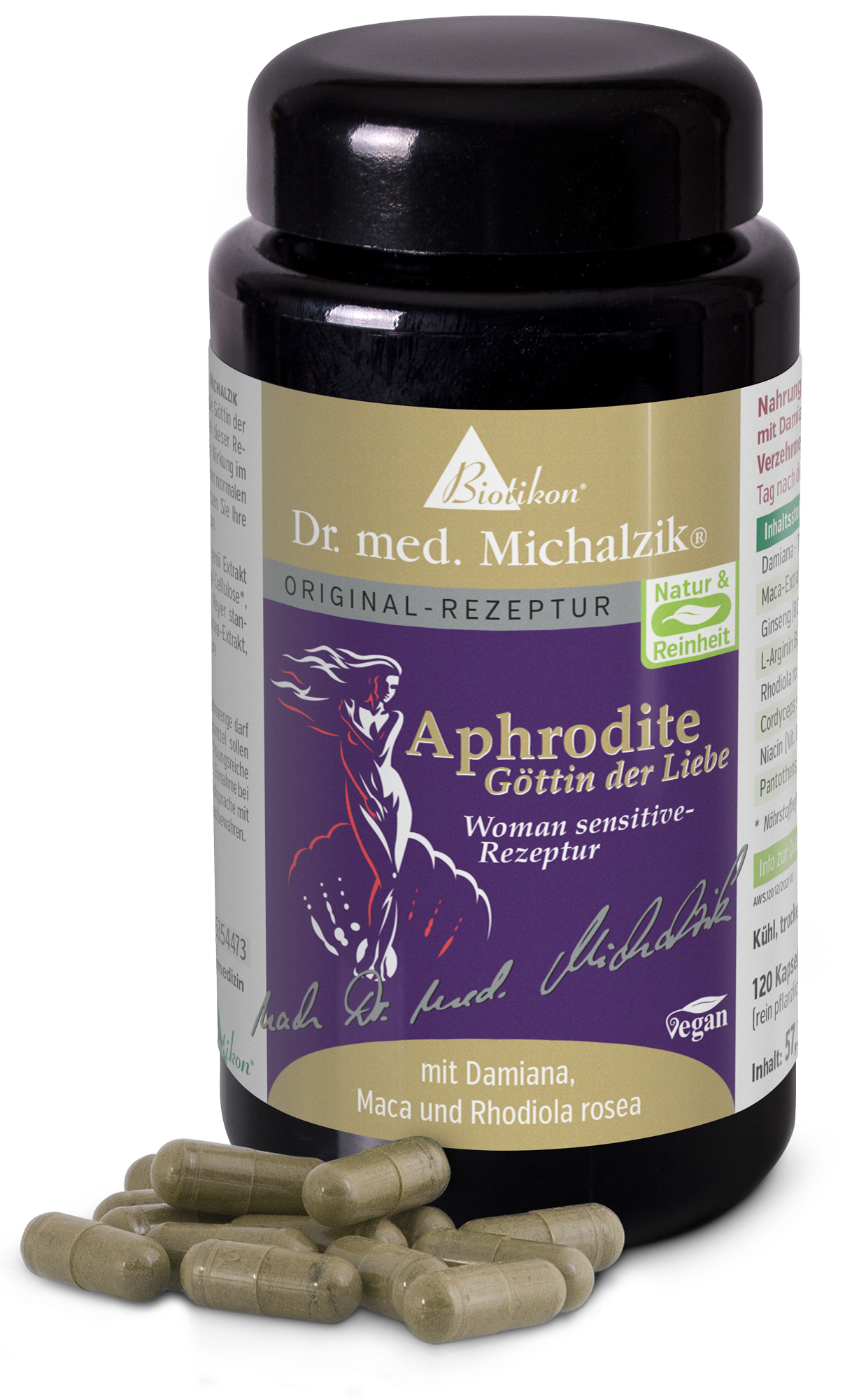 Aphrodite 120 Cápsulas – con Damiana, Maca Botella negra con 120 cápsulas veganas, etiquetado colorido, detalles del producto visibles.