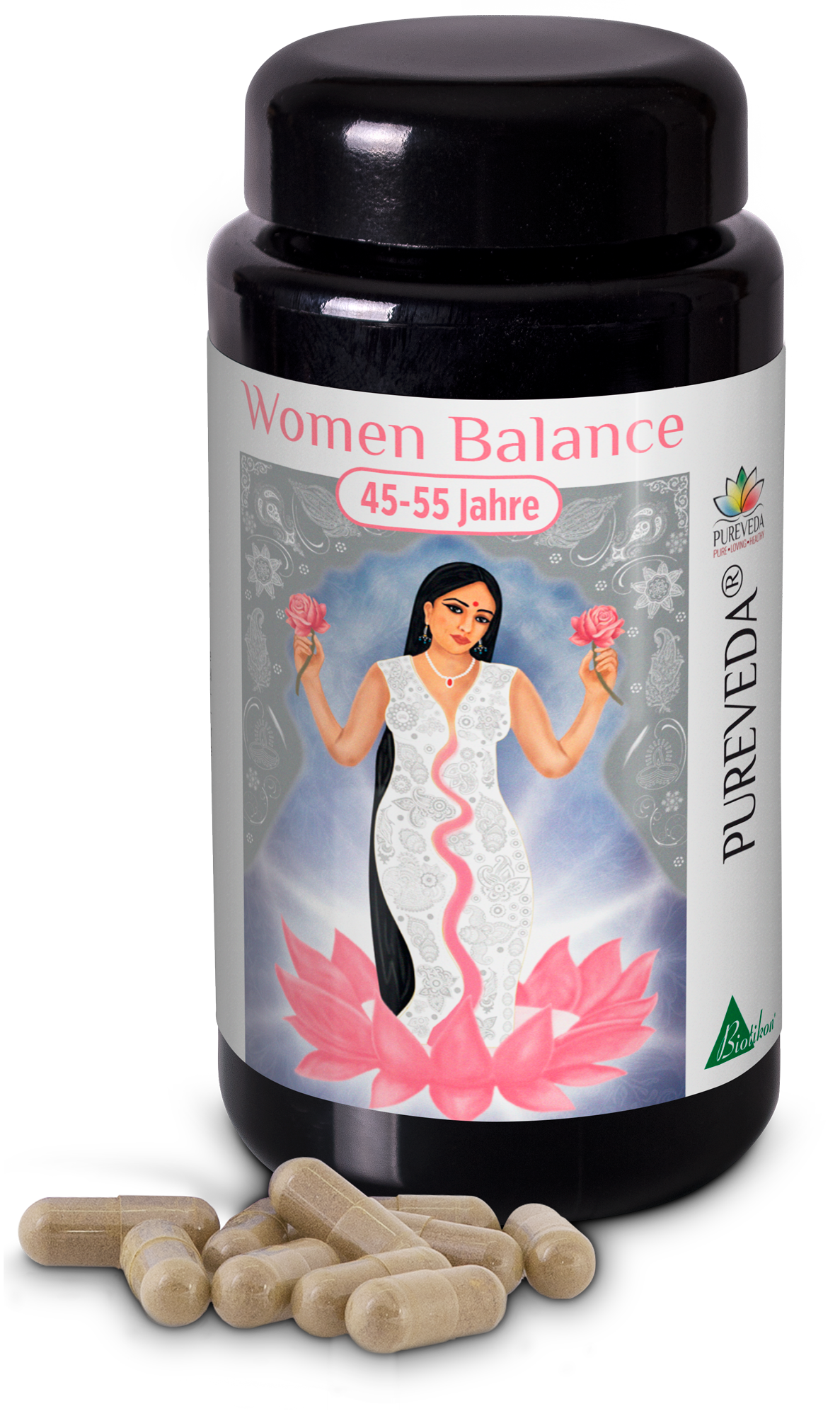 Cápsulas de Equilibrio para Mujeres – 45-55 años Cápsulas de Equilibrio para Mujeres, 60 unidades en botella negra, cápsulas beige visibles, con diseño floral.