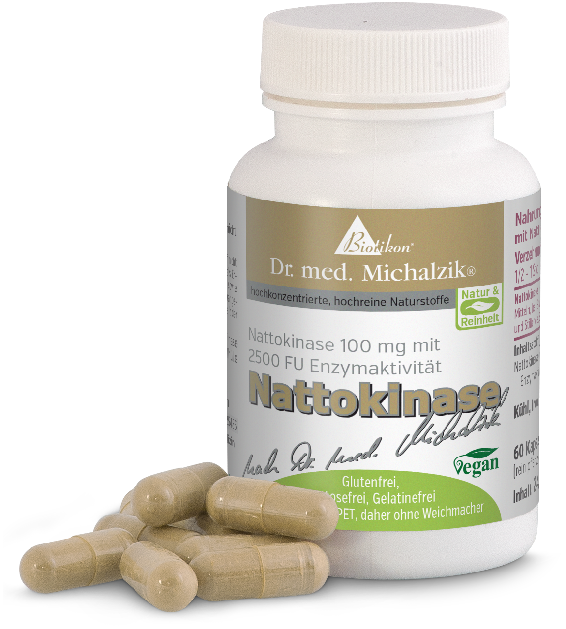 Cápsulas de nattokinasa, 100 mg en botella transparente, cápsulas beige-doradas, 60 piezas.