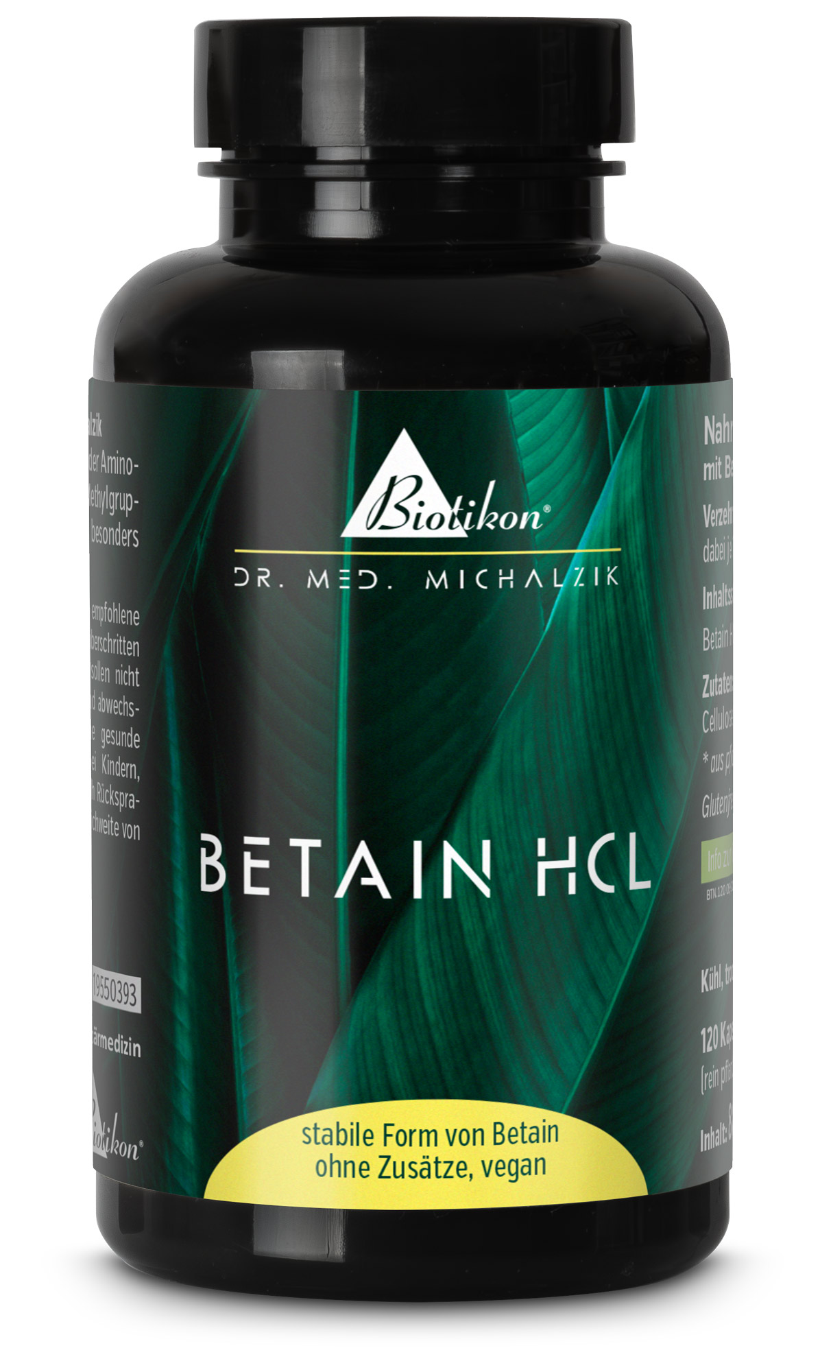 Betaína HCL 120 Cápsulas - Sin Aditivos Botella de cápsulas negras con 120 cápsulas, forma estable de betaína, vegana, diseño de hojas verdes en la etiqueta.
