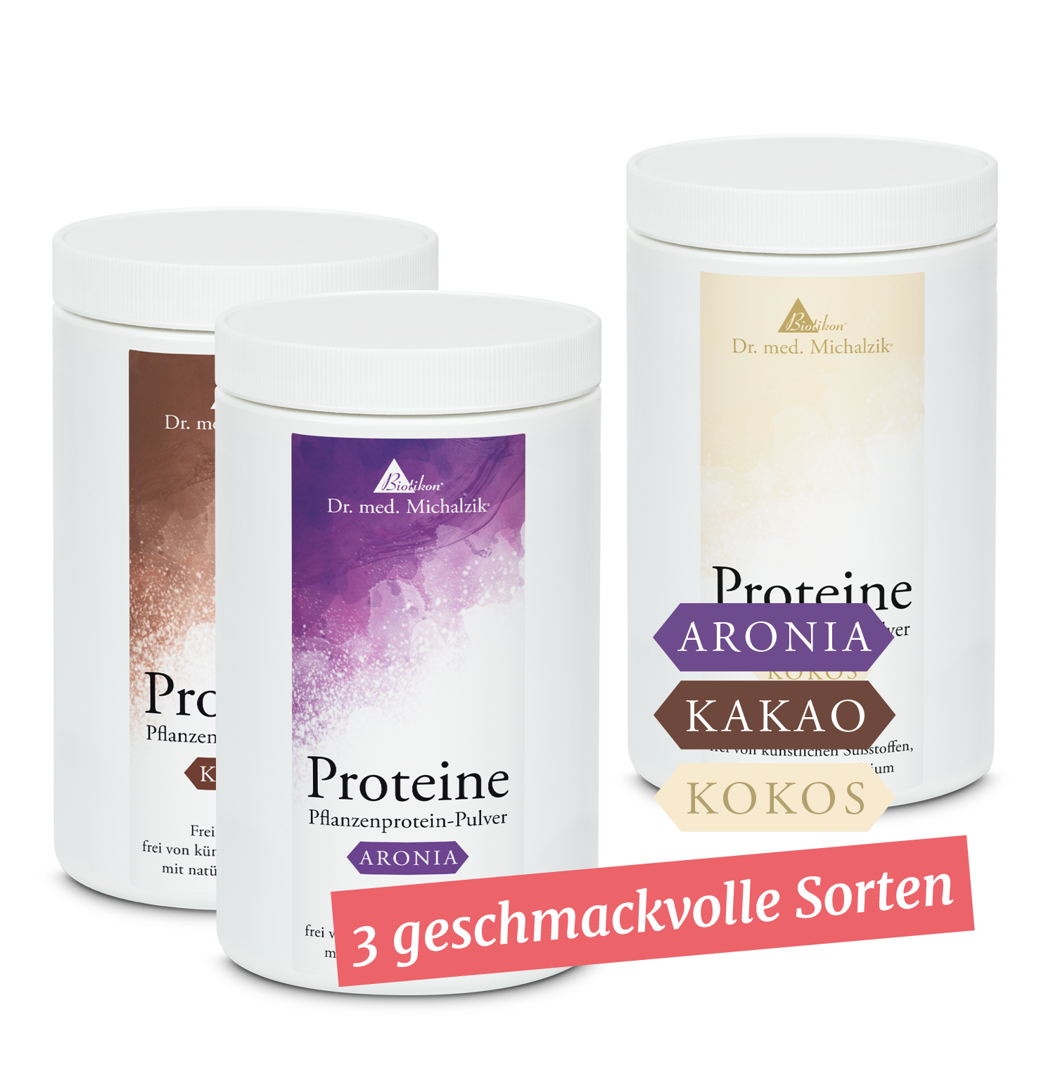 Tres latas de proteína vegetal en polvo en sabores de Aronia, Cacao y Coco, diferentes colores, vista frontal.