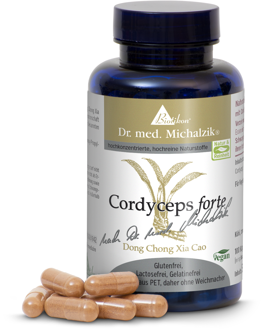 Cordyceps forte – 100 cápsulas Botella PET transparente con 100 cápsulas marrones, veganas, sobre un fondo blanco.