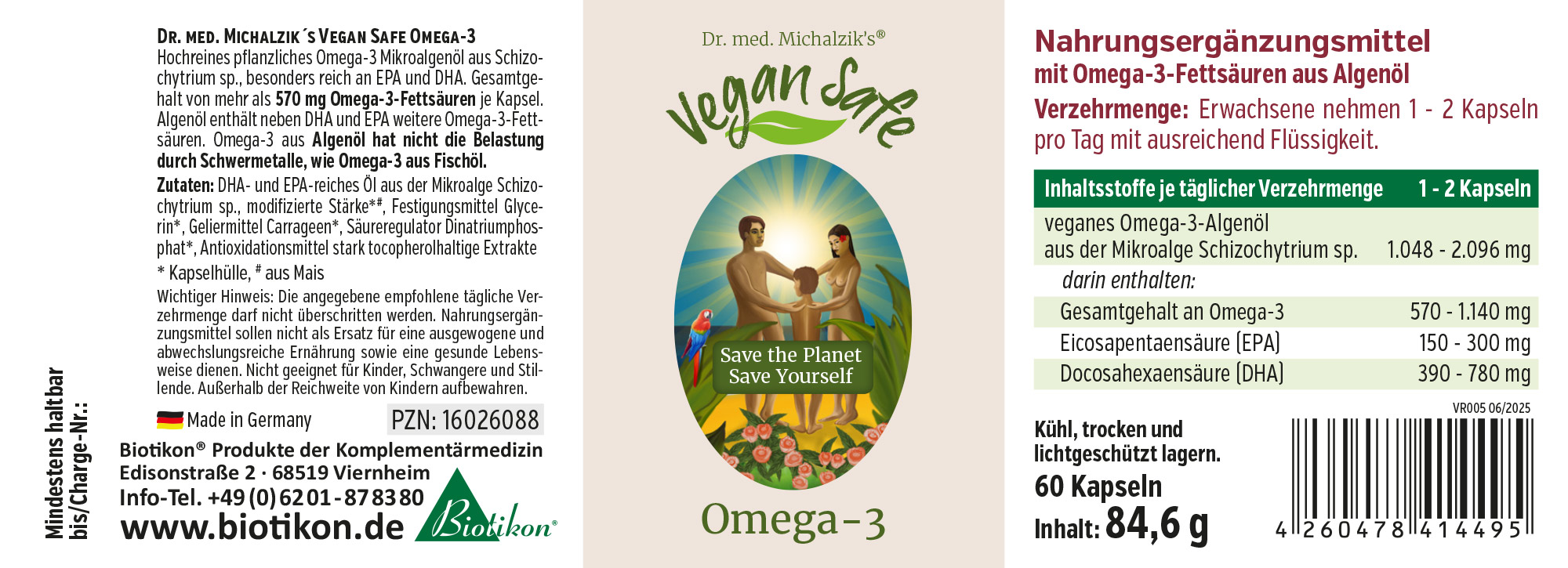 Aceite de Algas Omega-3 vegano, 60 cápsulas en un envase verde, vista lateral.