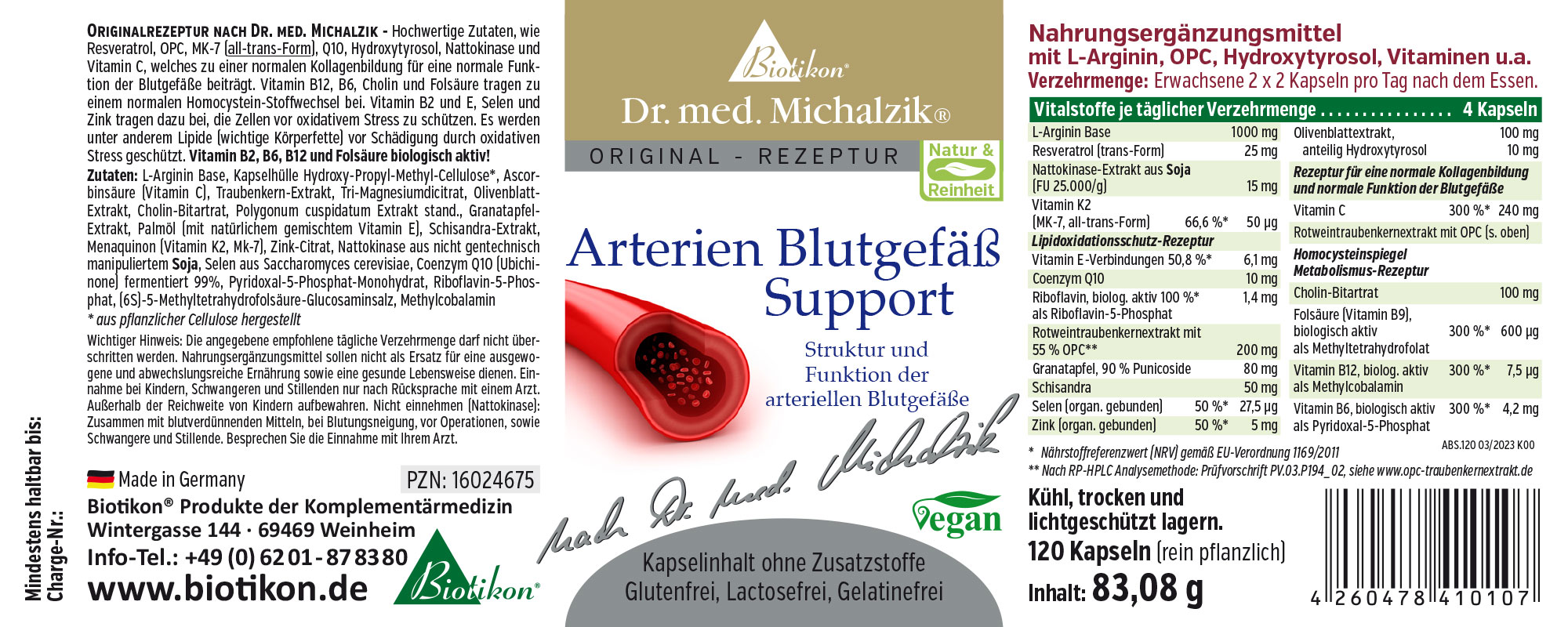 Soporte de vaso sanguíneo arterial – 120 cápsulas Suplemento en envase de 120 cápsulas, cápsulas rojo-blancas. Información sobre ingredientes, vegano, sin gluten.