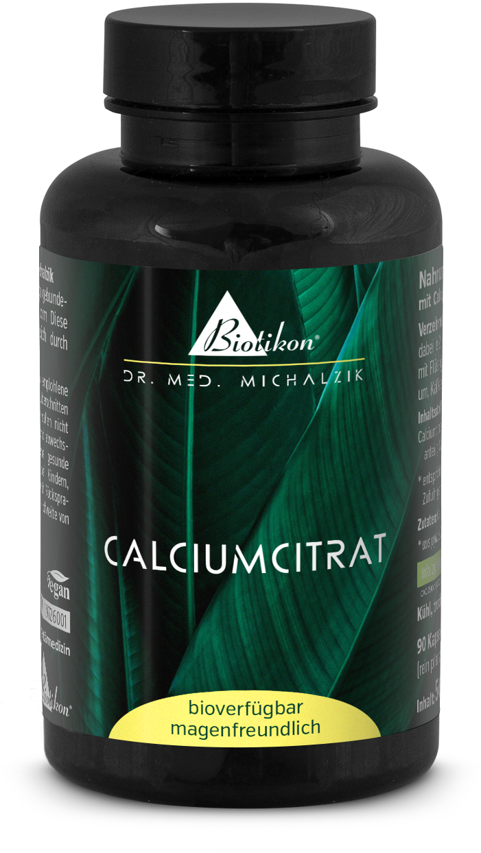 Calciumcitrato 90 Cápsulas – biodisponible, amable con el estómago Botella negra con cápsulas de calciumcitrato, 90 unidades, etiqueta de vista verde fresca, vegana.