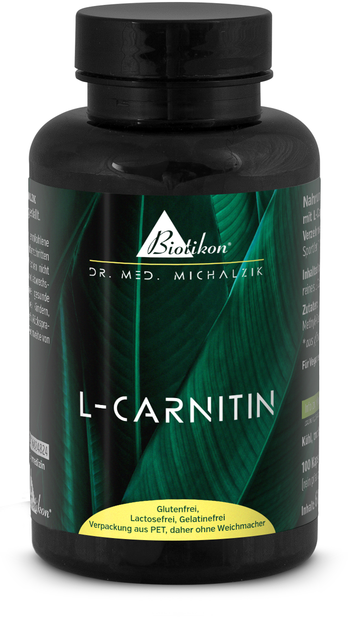 Suplemento de L-Carnitina en botella negra de PET, 100 cápsulas, sin gluten, sin lactosa.